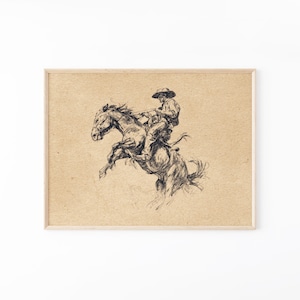 Impression de croquis de cowboy western chevauchant un tronçon de Bronco | Décoration d&#39;intérieur rustique de style vintage | Oeuvre d&#39;art classique d&#39;Amérique occidentale | BFR4