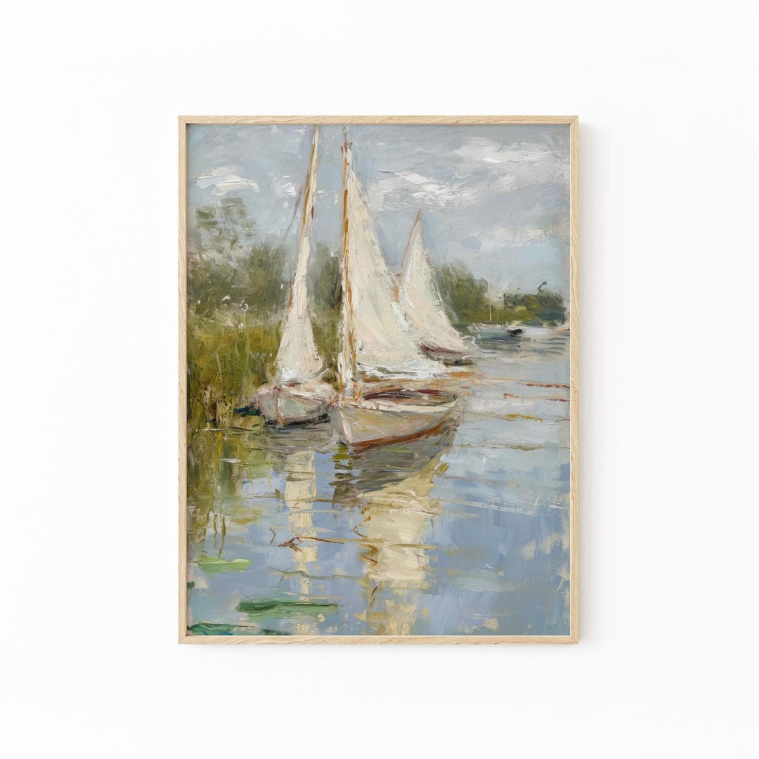 Vintage Sailboat Painting Lake House Wall Art | Nautical Art Print ...