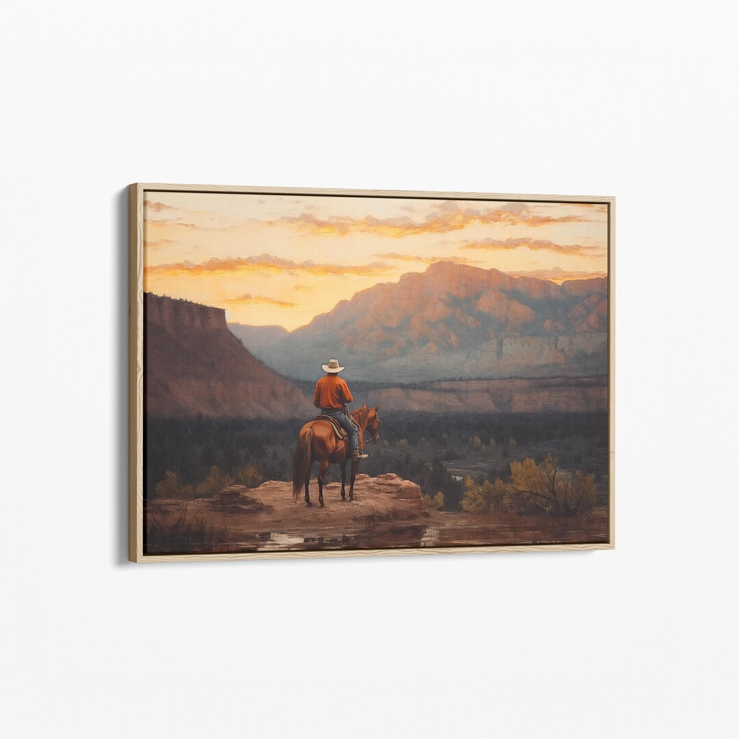Vintage Landscape Cowboy Oil Painting Canvas Print, Western Wall Art ...