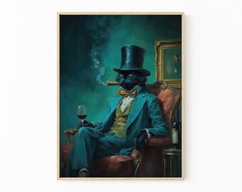 Gentleman Cat Sipping Wine Oil Painting Print | Bar Cart Decor | Cat Poster | Wine Print  | Trendy Kitchen Decor | Dining Room Print | GCS1