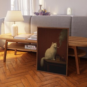 a white cat sitting on a table, smoking a cigarette, with a framed painting of the cat in the foreground.