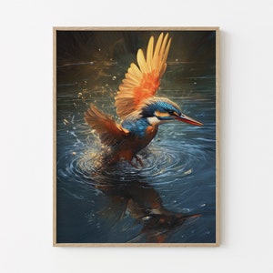 Hermoso martín pescador saltando del agua, pintura al óleo, impresión artística de martín pescador, impresión mate para pared, regalos de martín pescador