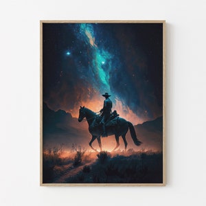 Cowboy reitendes Pferd im Wilden Westen unter dem Sternenhimmel, hochwertiger, matter Wanddruck, Cowboy Poster, Geschenk für Cowboy-Liebhaber