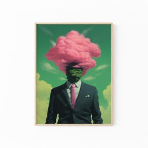 Head In The Clouds Retro Surreal Painting Print | Cloud Pink and Green Artwork | Trippy Wall Art | HI2