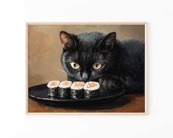 Black Cat Sushi Oil Painting Print | Tokyo Art Print | Oishii Cat Print | Delicious Japanese Food Art | Kitchen Wall Art | Sushi Art | BCS5