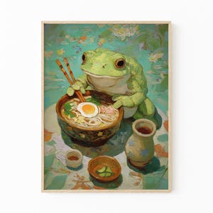 Frog Eating Ramen Oil Painting Print | Ramen Noodles Wall Art | Quirky Kitchen Decor | Japanese Inspired Painting | Unique Wall Art | RFE8