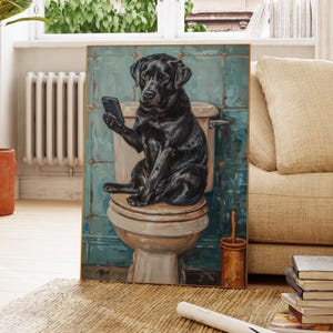 A painting of a black dog sitting on a toilet and holding a cell phone.