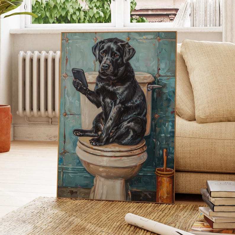 A painting of a black dog sitting on a toilet and holding a cell phone.