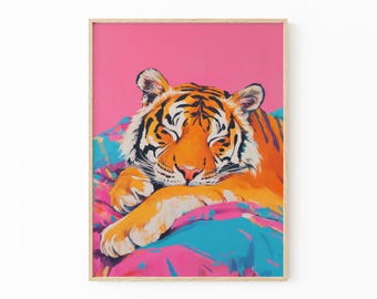 Oljemålning med sovande tiger i sängen | Maximalistisk väggdekoration | Tiger sovrumsdekoration | STIA2