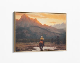 Vintage Landscape Cowboy Oil Painting Canvas Print, Western Wall Art, Mid-Century Wall Decor, Rustic Southwest Decor Stretched Canvas VLCO08