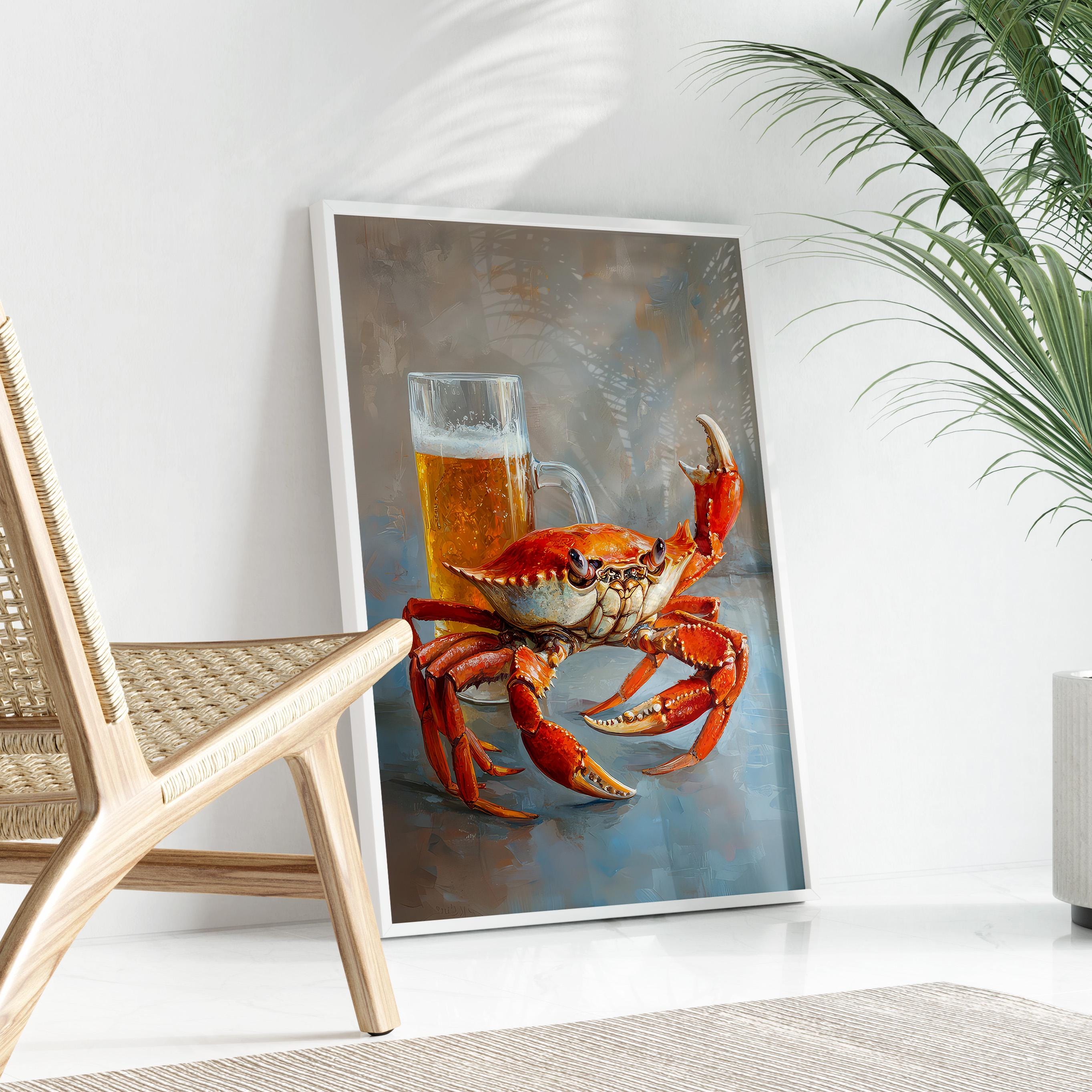リラックスしたカニの油絵プリント | ビールウォールアート | 面白い