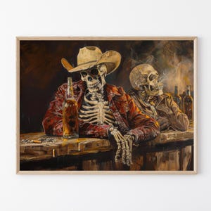 Stampa a olio su tela "Wild West Remains Skeleton Cowboy In a Bar" / Arte murale Western / Arte Cowboy / Regalo per viaggio su strada / Stampa sud-occidentale / WWR7