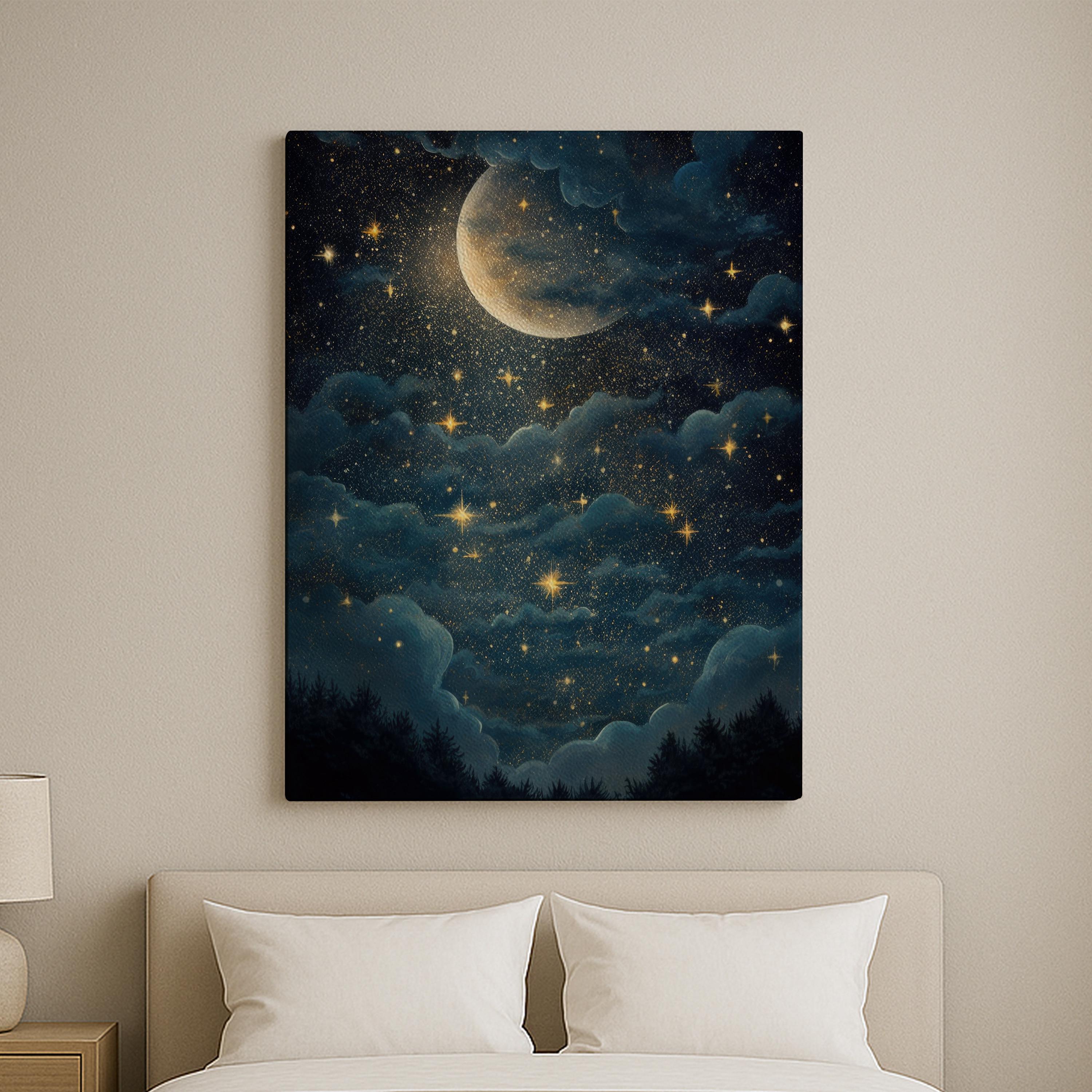 Vintage Night in the Woods Oil Painting Canvas Print, Vintage