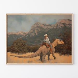 Vintage Dinosaur Cowgirl Oil Painting Print | Western Jurassic Dinosaur Print | Gift for Her, Funny Print | VDG8