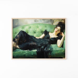 Decadent Young Woman after the Dance, Still Life Woman, Vintage Wall Art, Emerald Green Art, Moody Wall Decor, Oil Painting Print DY08