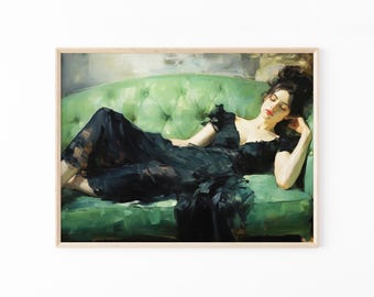 Dekadente junge Frau nach dem Tanz, Stillleben Frau, Vintage Wandkunst, smaragdgrüne Kunst, launische Wanddekoration, Ölgemälde Druck DY08