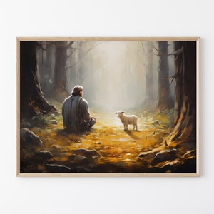 Lost Lamb Oil Painting Print | Jesus Running with Lost Lamb | Jesus Lamb of God | Jesus and Lamb No Words | Lost Sheep with Jesus | LLO6
