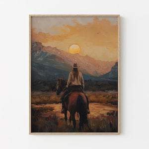 Vintage Landscape Cowgirl Oil Painting Print | Western Wall Art | Mid-Century Wall Decor | Rustic Southwest Decor | MCO8