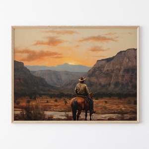 Stampa a olio di paesaggio vintage con cowboy, arte murale occidentale, decorazione murale di metà secolo, decorazione rustica del sud-ovest VLCO04