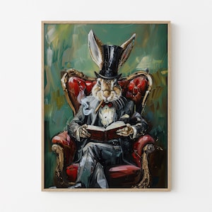 Stampa di un dipinto di un gentiluomo coniglio vittoriano che legge un libro e fuma un sigaro / Stampa artistica stravagante di una lepre / Arte murale di un dipinto d'epoca / VRG3