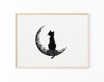 Black Cat Lino Print: Vintage Whimsical Home Wall Art | GTS4