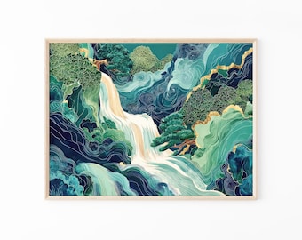 Japanese Waterfall Hokusai Oil Painting Print | Ukiyo-e Japanese Waterfall Art Print | Blue Green Japanese Home Decor | Waterfall Art | JWH7