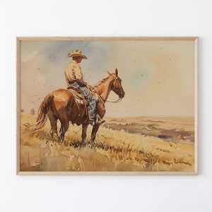 Dipinto ad acquerello di cowboy con paesaggio vintage, arte murale western, decorazione murale di metà secolo, decorazione rustica del sud-ovest #VLC23