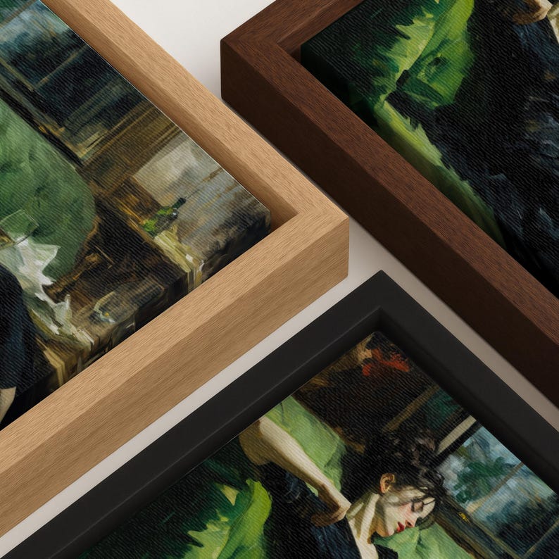 The image is a collage of three framed paintings, each with a different frame color and style. The paintings depict various scenes, including people, nature, and abstract elements.