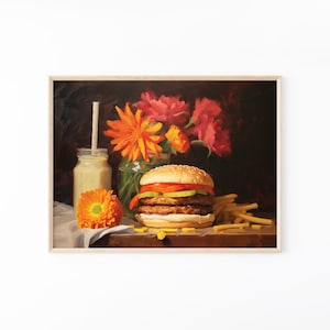 Burger and Fries Dinner Date -  Original Still Life Oil Painting, Fine Art Print - Foodstuff Wall Decor - Kitchen Wall Art - BFDD2