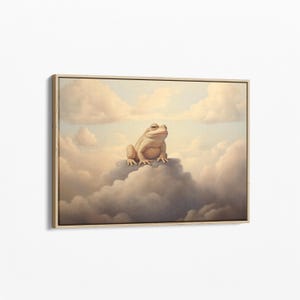 Lienzo con estampado vintage de rana y nube / Decoración de pared para habitación infantil / Decoración de pared con cielo / Pintura al óleo antigua / Lienzo estirado listo para colgar / VCB3C