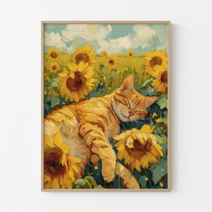 Stampa a olio di girasole vintage con gatto / Ispirato a Van Gogh Girasoli Natura morta / Regalo di belle arti Arte murale / VSC2