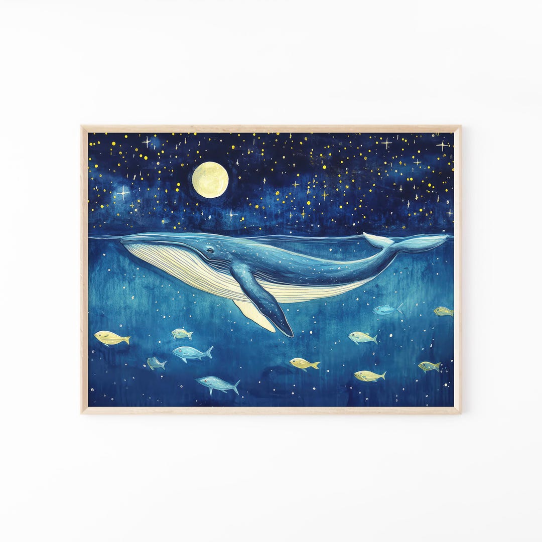 Whale Under the Moon Watercolor Painting | Whale Print | Whale and Boat ...