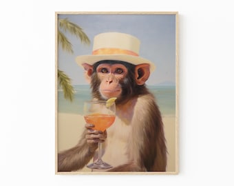 Monkey with Cocktail | Retro Bar Cart Aesthetic Decor | Cute Apartment Wall Art | Surreal Artwork | Funny Animal Print | MCR7