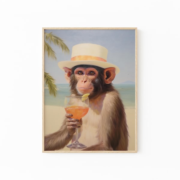 Affe mit Cocktail | Retro Barwagen Ästhetisches Dekor | Niedliches Wohnungswandbild | Surreales Kunstwerk | Lustiger Tierdruck | MCR7