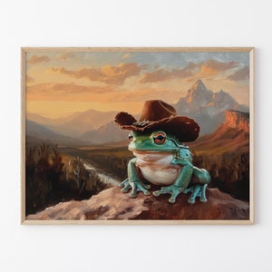 Stampa di pittura di rana cowboy / Arte murale vintage western / Decorazione estetica del selvaggio West alla moda / Regalo di stampe carine / CFP2