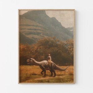 Vintage Dinosaur Cowgirl Oil Painting Print | Western Jurassic Dinosaur Print | Gift for Her, Funny Print | VDG2