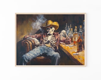 Wild West Remains Skeleton Cowboy In a Bar Oil Painting Print | Western Wall Art | Cowboy Art | Road Trip Gift | Southwestern Print | WWR5