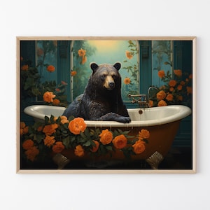 Impresión de pintura al óleo de oso en la bañera / Arte divertido para la pared del baño, impresión surrealista de oso negro, arte animal caprichoso, humor negro BIT1