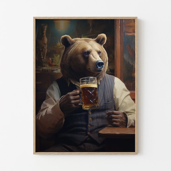 Impression de peinture à l'huile avec animaux rigolos ours buvant de la bière, oeuvre d'art murale bière, oeuvre d'art sur la bière, oeuvre d'art surréalisme, oeuvre de bière, oeuvre d'art animalier