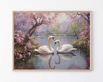 Cherry Blossom Loving Swans Oil Painting, Wall Art Matte Print, Heart Swan Print, Gift for Couples, Gift for Swan Lovers