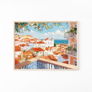 The image is a framed painting depicting a picturesque view of a coastal town with colorful buildings, balconies, and orange trees.
