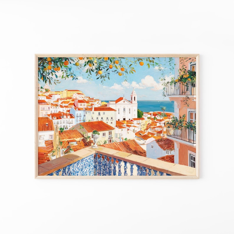 The image is a framed painting depicting a picturesque view of a coastal town with colorful buildings, balconies, and orange trees.