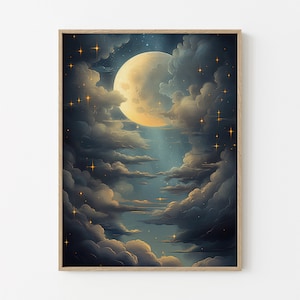 Vintage Enchanting Celestial Moon Art Oil Painting Print | Dark Academia & Dark Cottagecore | Night Sky Painting | Moon Art Print | VEC8