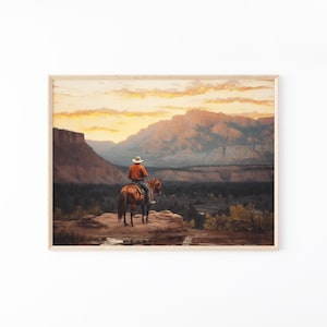 Vintage Landscape Cowboy Oil Painting Print, Western Wall Art, Mid-Century Wall Decor, Rustic Southwest Decor VLCO01