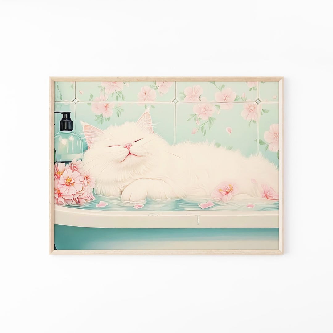 White Cat in a Bathtub Painting Print | Japanese Bathroom Wall Art ...