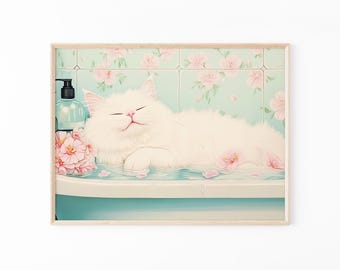 Witte kat in badkuip schilderij print | Japanse muurkunst badkamer | Ontspanningsposter | Japanse kunst aan de muur katten | Neutrale Japandi-print | WIC8