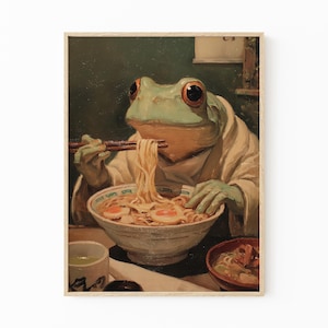 Frog Eating Ramen Oil Painting Print | Ramen Noodles Wall Art | Quirky Kitchen Decor | Japanese Inspired Painting | Unique Wall Art | RFE7