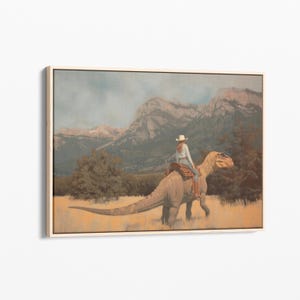 Vintage Dinosaur Cowgirl Oil Painting Canvas Print | Western Jurassic Dinosaur Print | Gift for Him | Funny Print | Midwestern Decor | VDG8