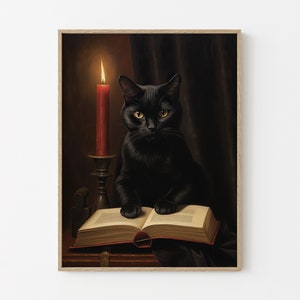 Vintage schwarze Katze Hexe Ölgemälde Druck, Vintage Poster, Dark Academia, Gothic Victorian, schwarze Katze Kunst, Witchy Decor BCTH6