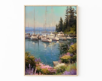 Vintage Sailboat Art Print – Light Blue Nautical Painting, Coastal Lake Scene Wall Decor | BOA2
